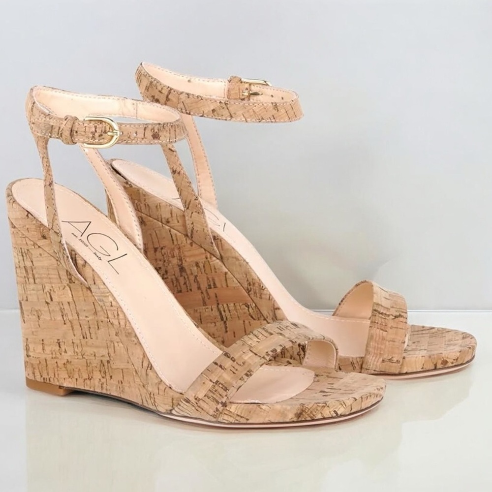 AGL Demi Ankle Strap Cork Wedge Sandal in Natural NEW